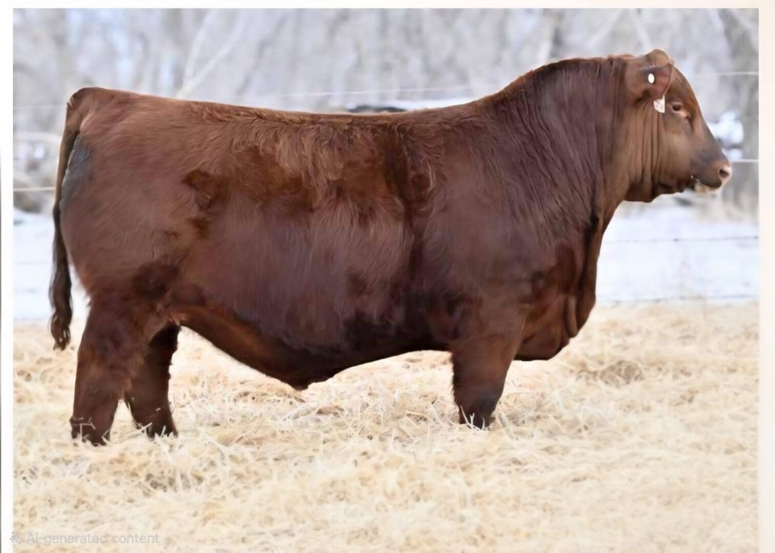 A brown bull standing on straw-covered ground near a white fence.